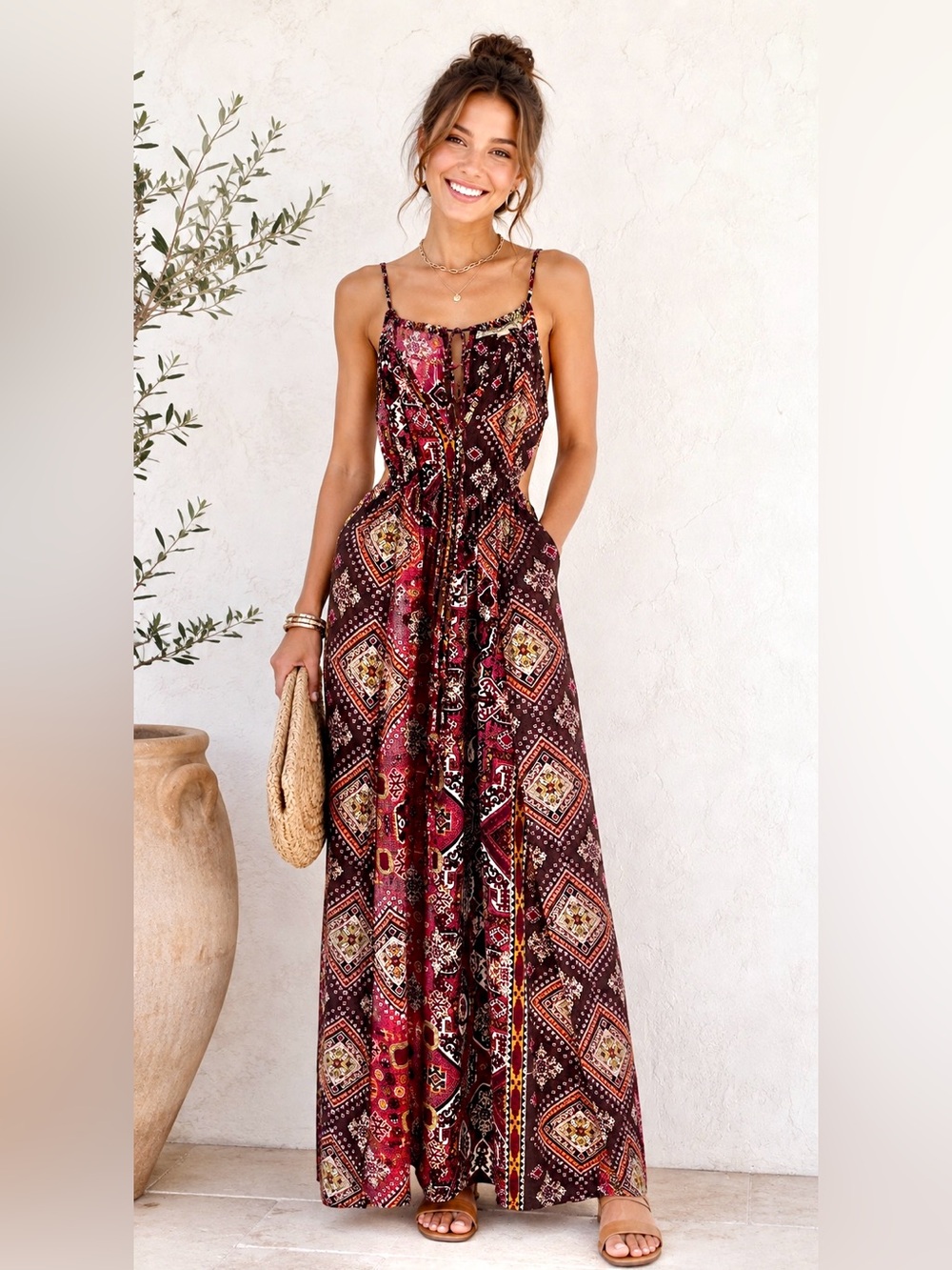 Boho Floral Diamond Print Maxi Dress